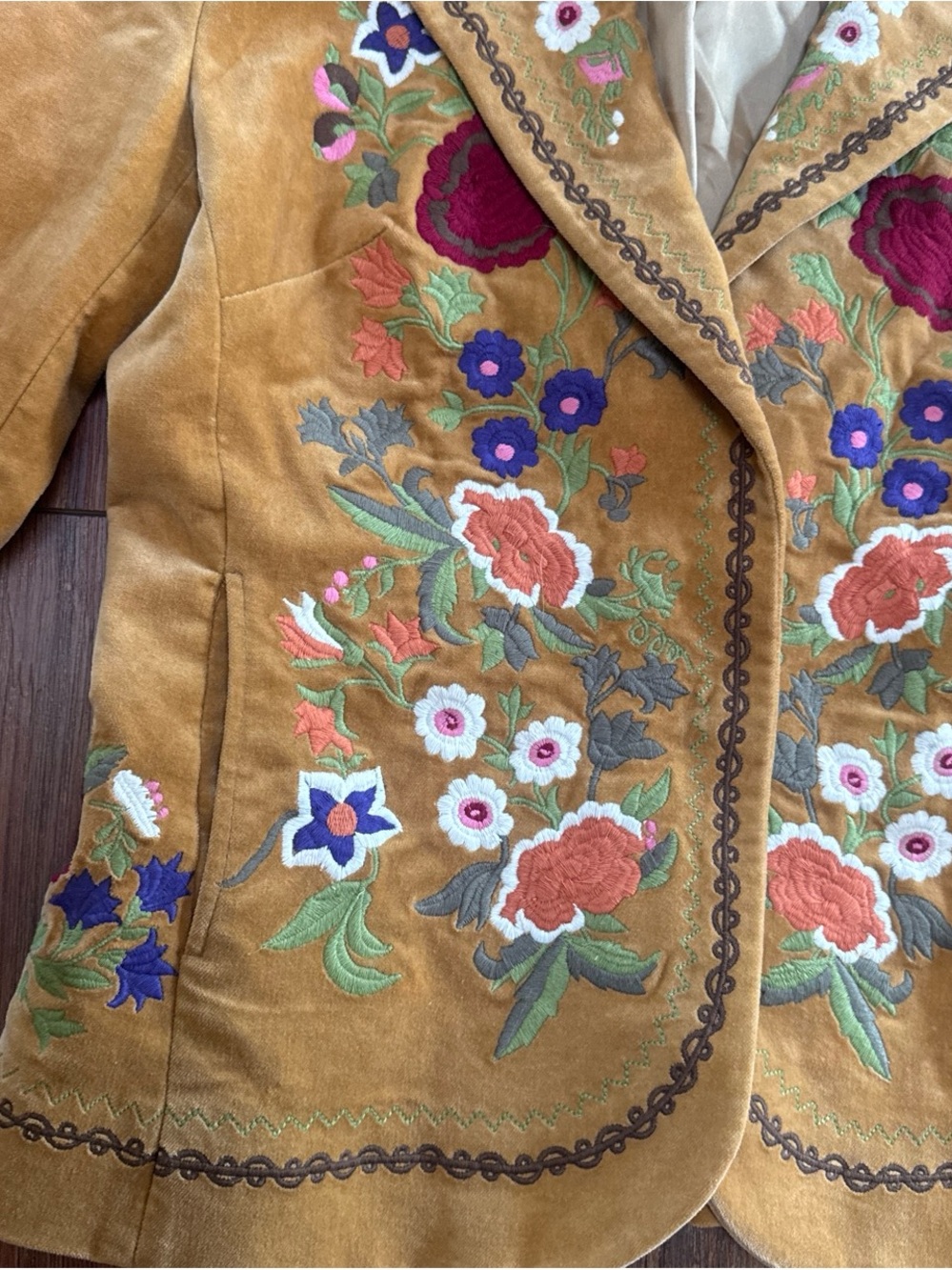 Embroidered Mustard Velvet Blazer - Women's Floral Suit Jacket - Picture 2 of 4